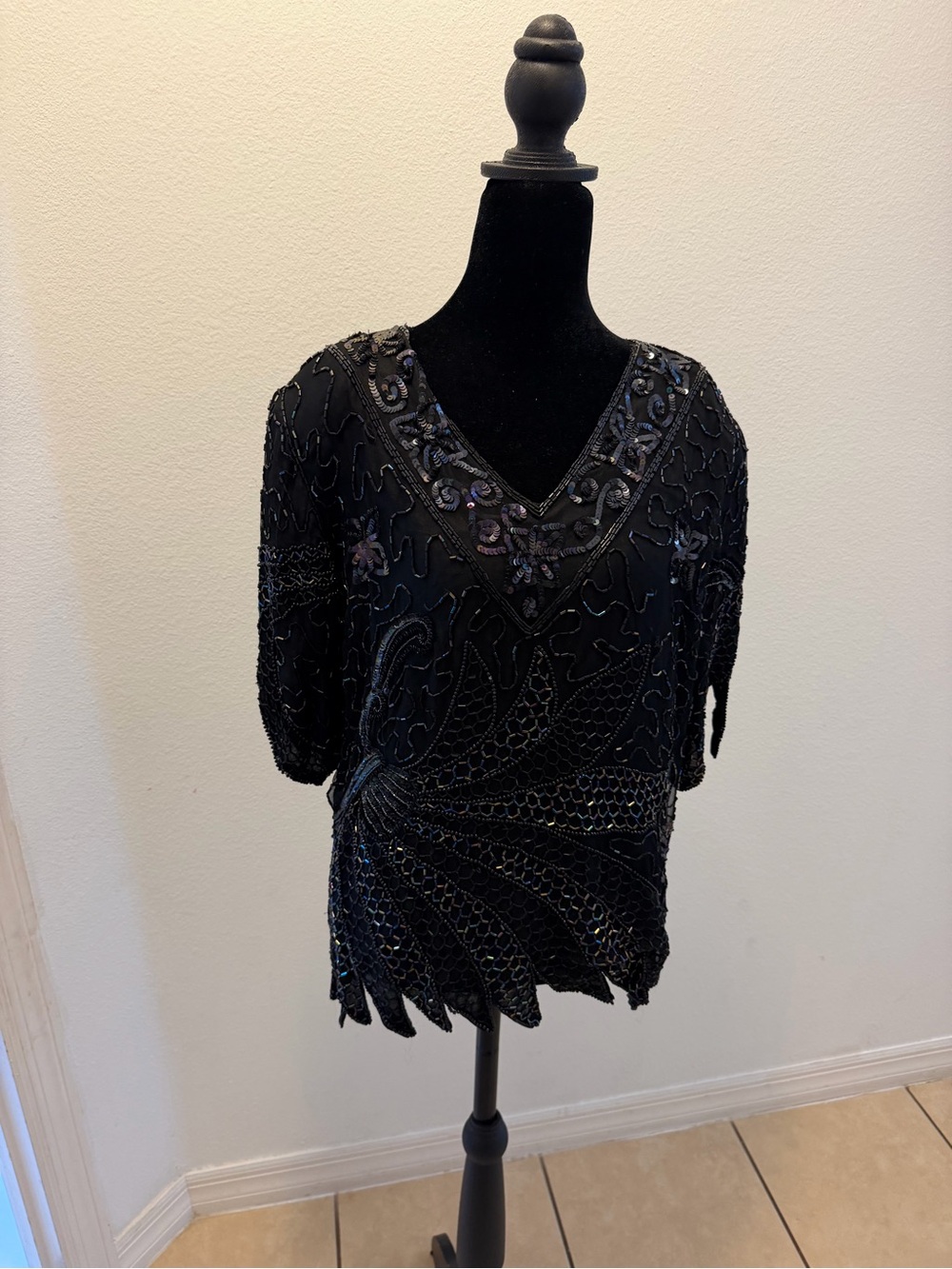 Vintage Pure Silk Hand Beaded Sequin Black Art Top